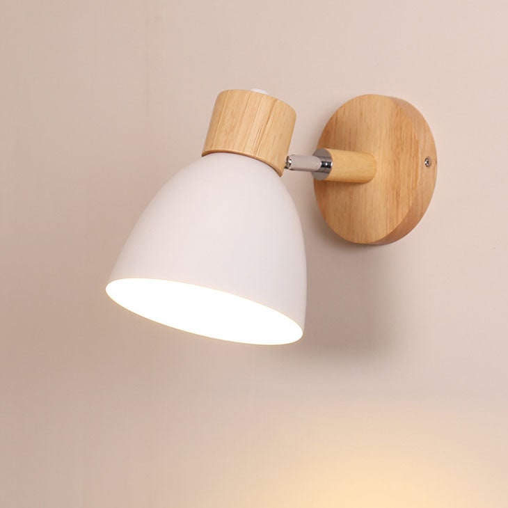 Modern Wall Sconce with Adjustable Arm Pull Chain Switch and Wooden Dome Shade Bedside