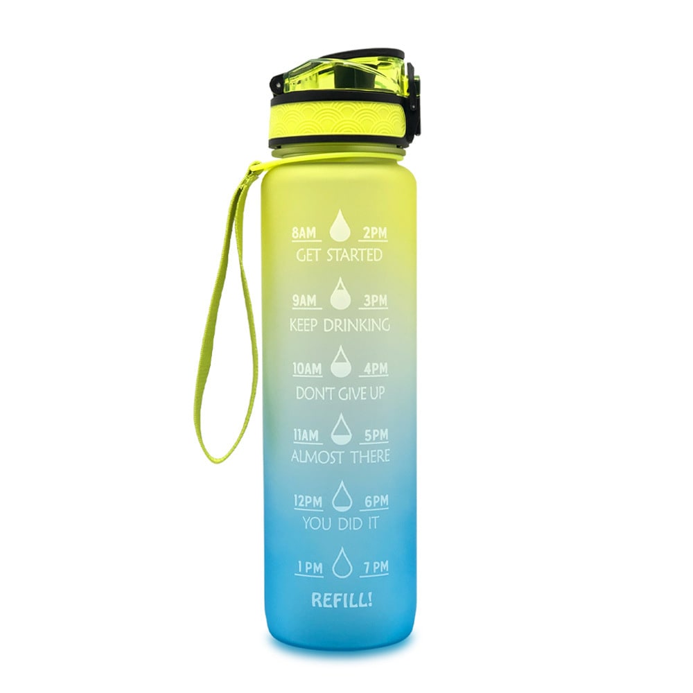 Motivational Sports Water Bottle with Fruit Infuser Time Markers and Flip-Top Lid 32 Oz