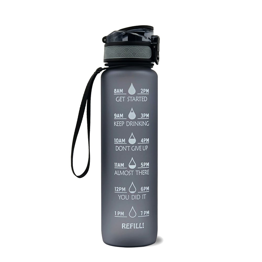 Motivational Sports Water Bottle with Fruit Infuser Time Markers and Flip-Top Lid 32 Oz