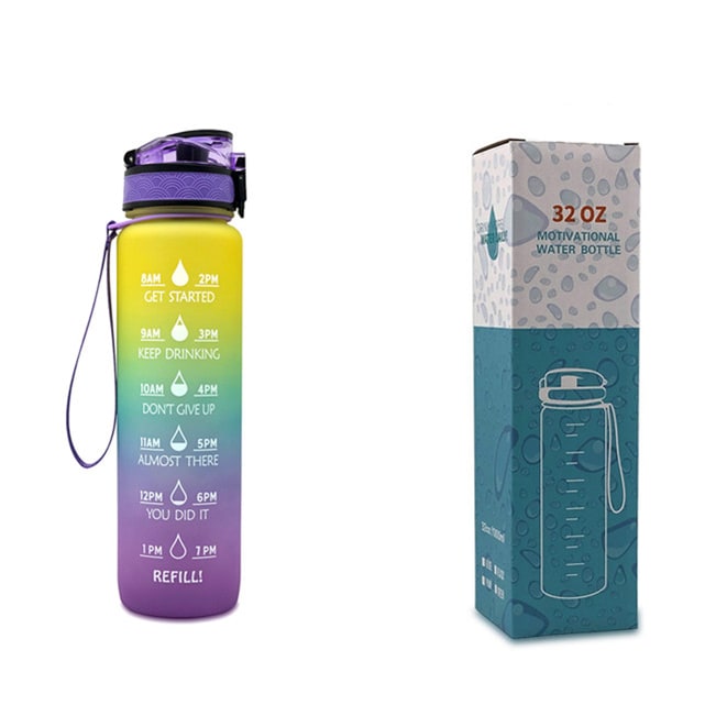 Motivational Sports Water Bottle with Fruit Infuser Time Markers and Flip-Top Lid 32 Oz