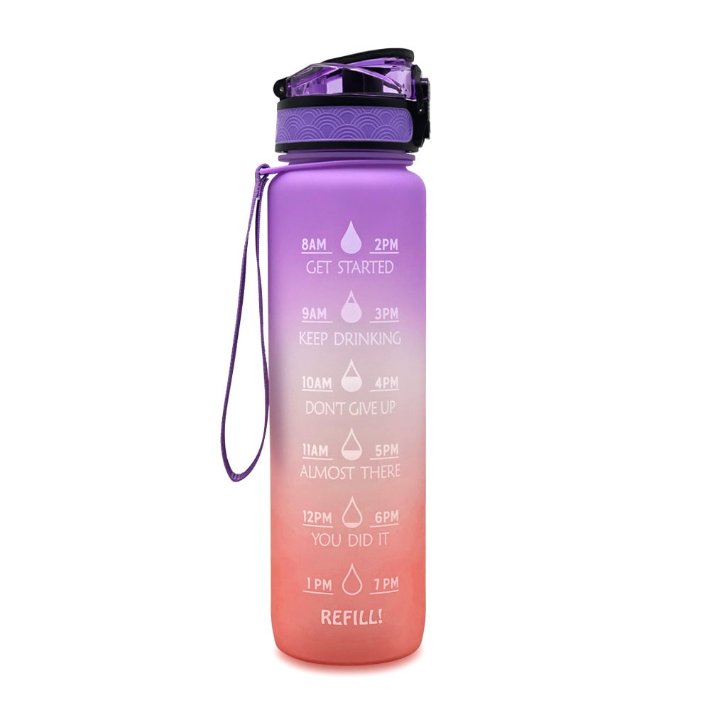 Motivational Sports Water Bottle with Fruit Infuser Time Markers and Flip-Top Lid 32 Oz