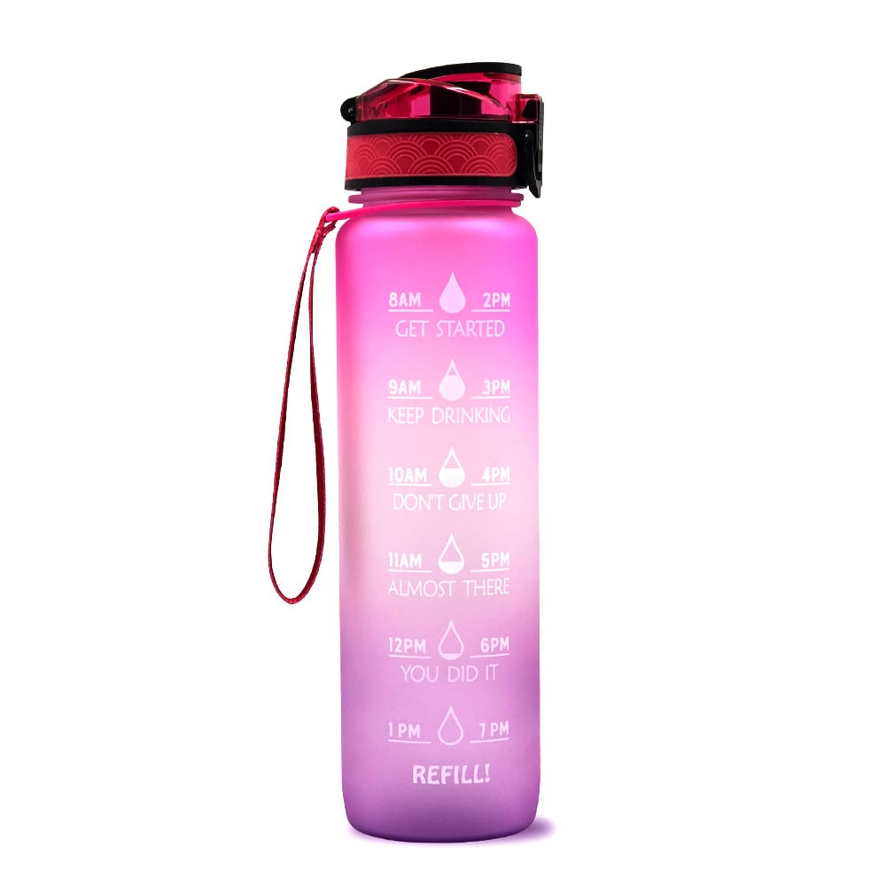 Motivational Sports Water Bottle with Fruit Infuser Time Markers and Flip-Top Lid 32 Oz