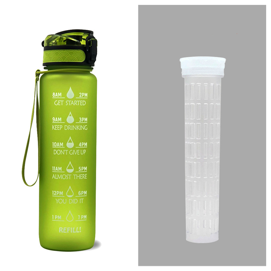 Motivational Sports Water Bottle with Fruit Infuser Time Markers and Flip-Top Lid 32 Oz