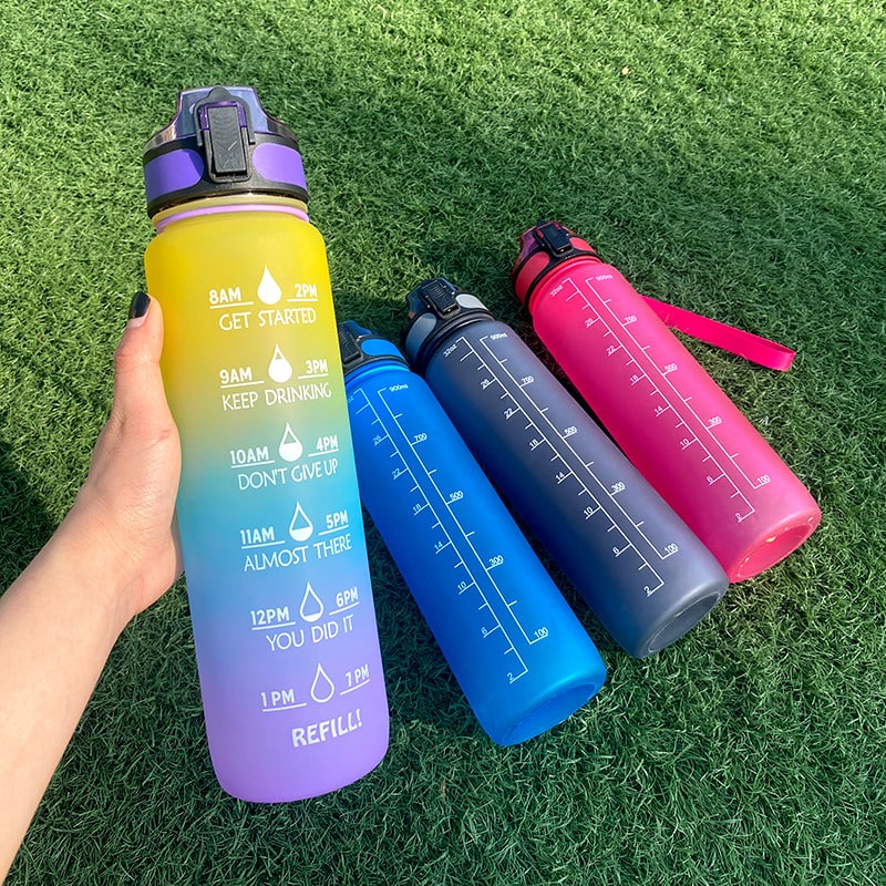 Motivational Sports Water Bottle with Fruit Infuser Time Markers and Flip-Top Lid 32 Oz