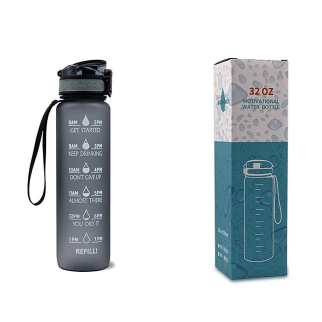 Motivational Sports Water Bottle with Fruit Infuser Time Markers and Flip-Top Lid 32 Oz