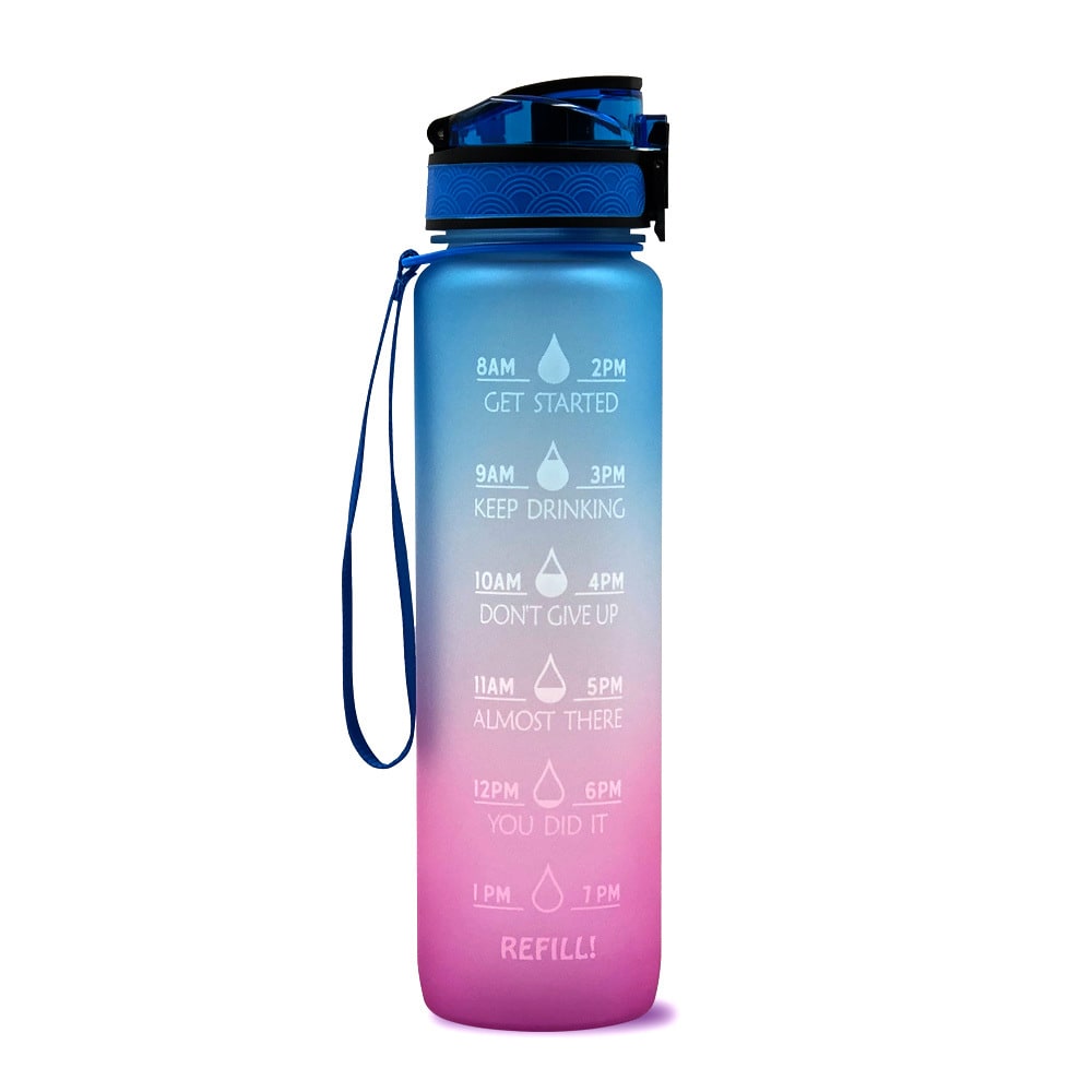 Motivational Sports Water Bottle with Fruit Infuser Time Markers and Flip-Top Lid 32 Oz
