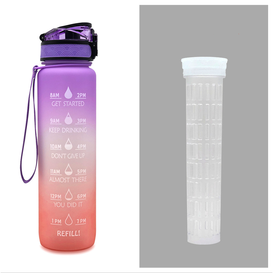 Motivational Sports Water Bottle with Fruit Infuser Time Markers and Flip-Top Lid 32 Oz