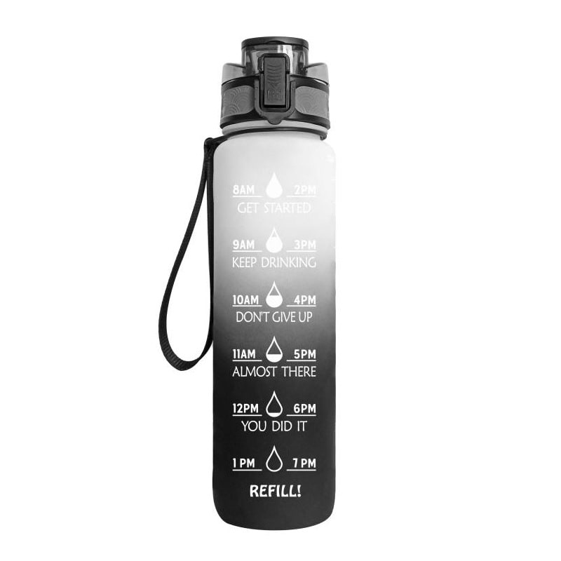 Motivational Sports Water Bottle with Fruit Infuser Time Markers and Flip-Top Lid 32 Oz