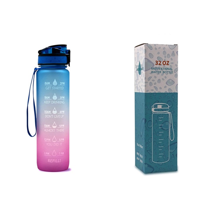 Motivational Sports Water Bottle with Fruit Infuser Time Markers and Flip-Top Lid 32 Oz
