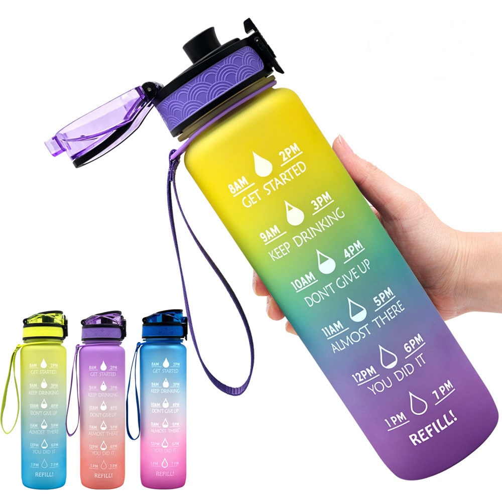Motivational Sports Water Bottle with Fruit Infuser Time Markers and Flip-Top Lid 32 Oz