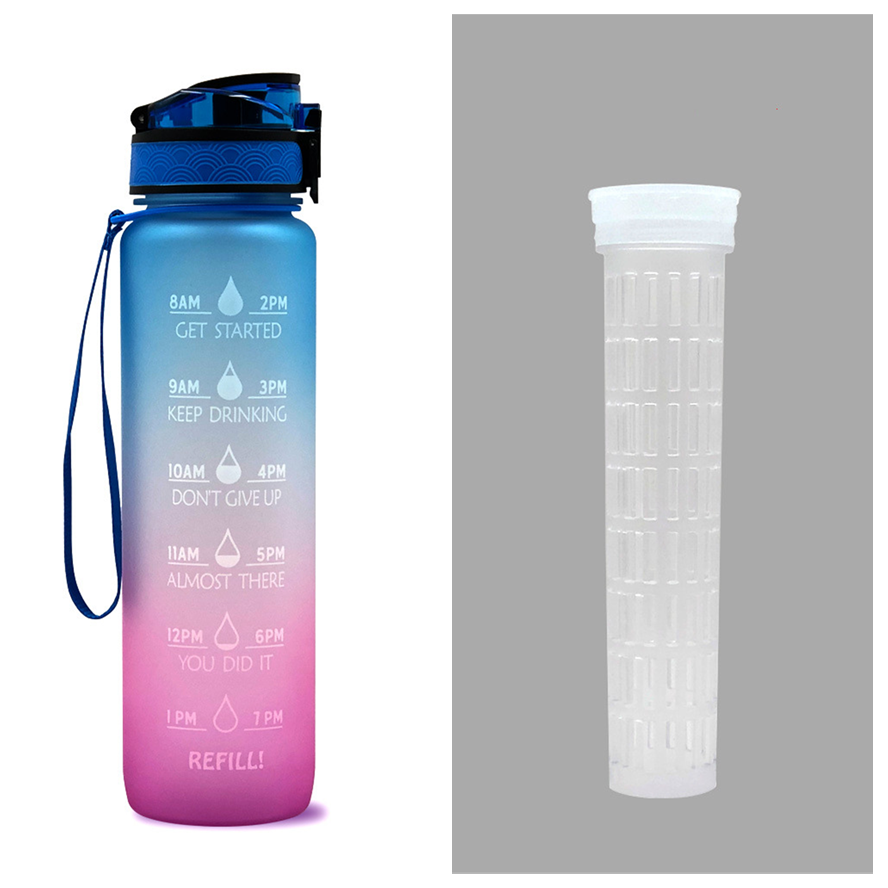 Motivational Sports Water Bottle with Fruit Infuser Time Markers and Flip-Top Lid 32 Oz