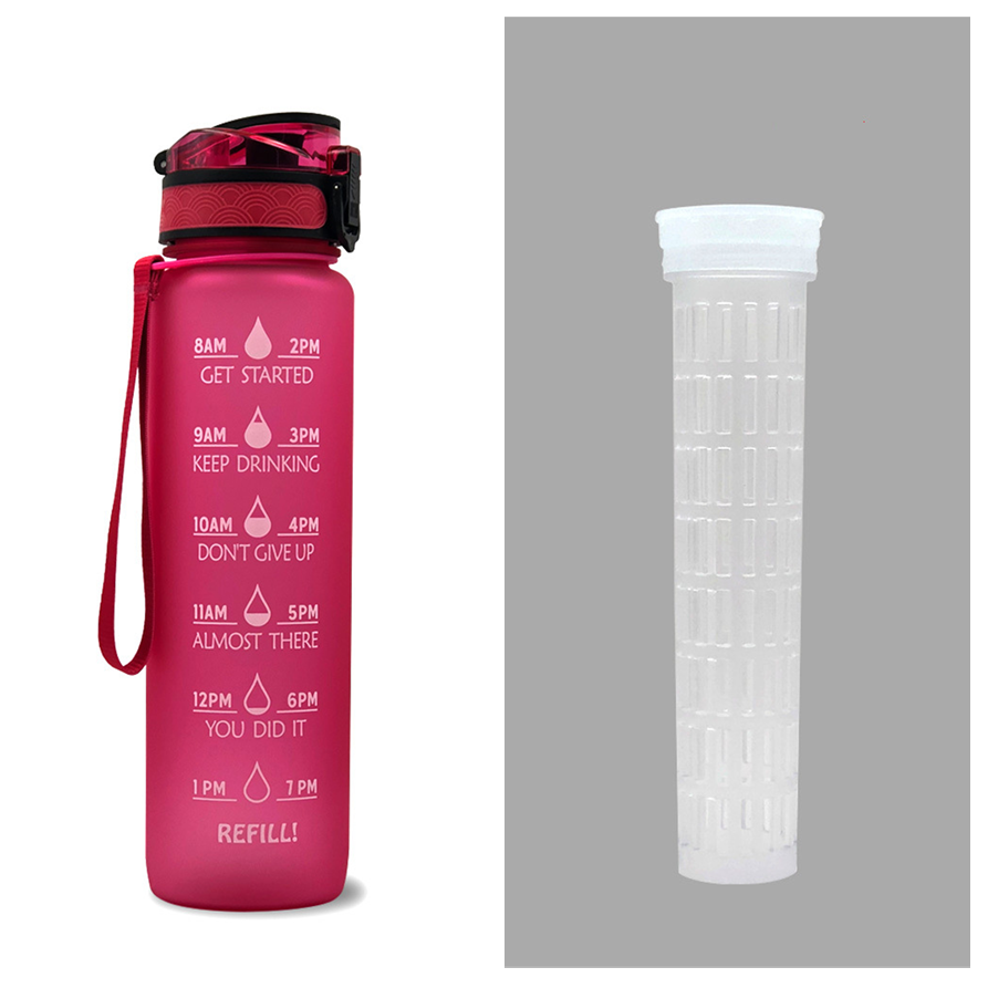 Motivational Sports Water Bottle with Fruit Infuser Time Markers and Flip-Top Lid 32 Oz