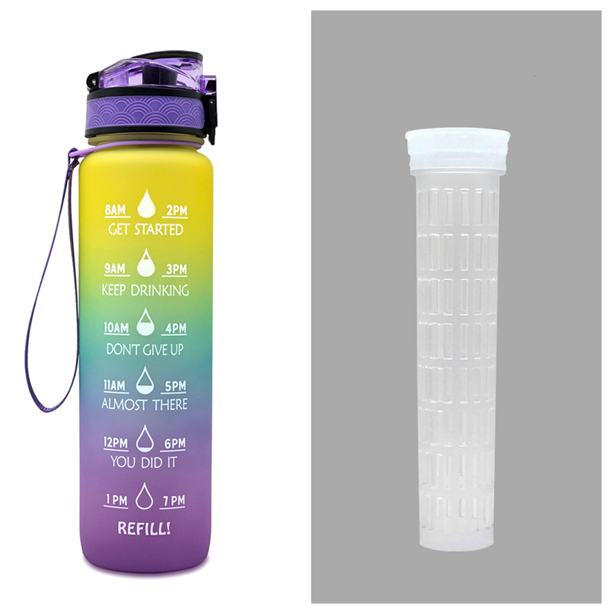 Motivational Sports Water Bottle with Fruit Infuser Time Markers and Flip-Top Lid 32 Oz