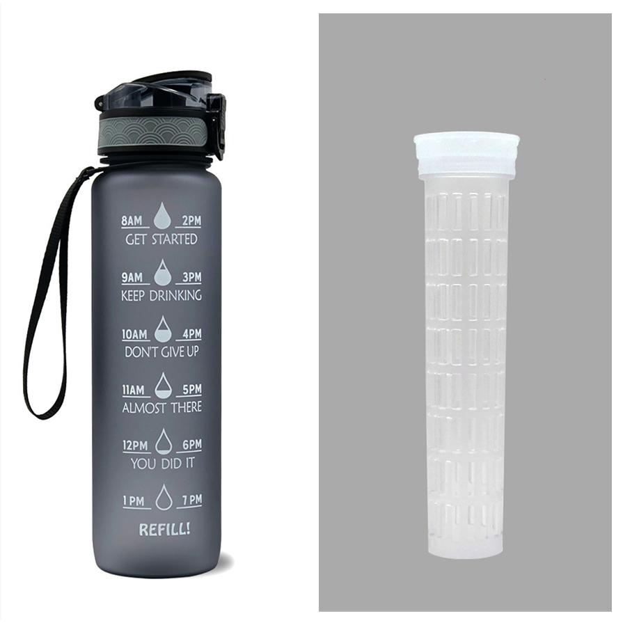 Motivational Sports Water Bottle with Fruit Infuser Time Markers and Flip-Top Lid 32 Oz