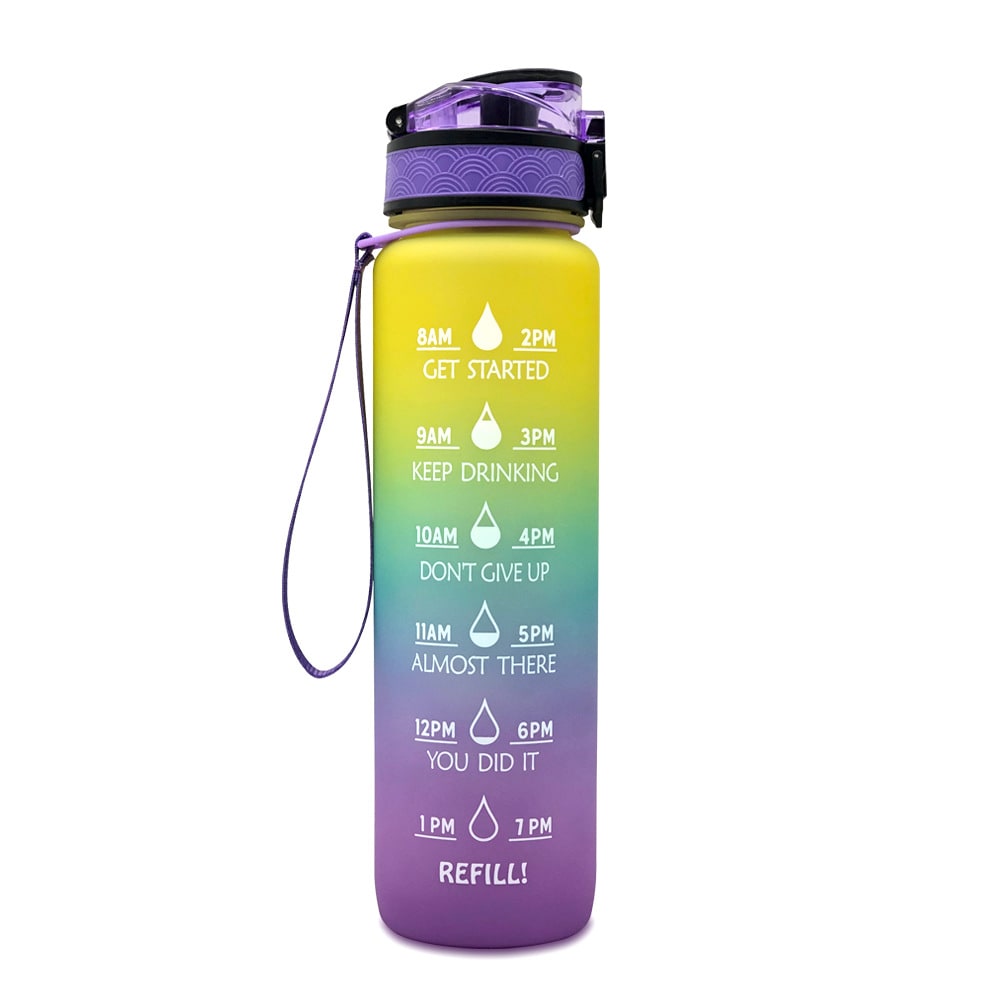 Motivational Sports Water Bottle with Fruit Infuser Time Markers and Flip-Top Lid 32 Oz