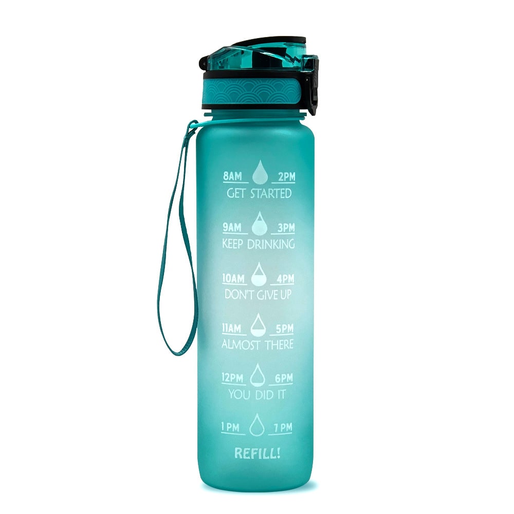 Motivational Sports Water Bottle with Fruit Infuser Time Markers and Flip-Top Lid 32 Oz