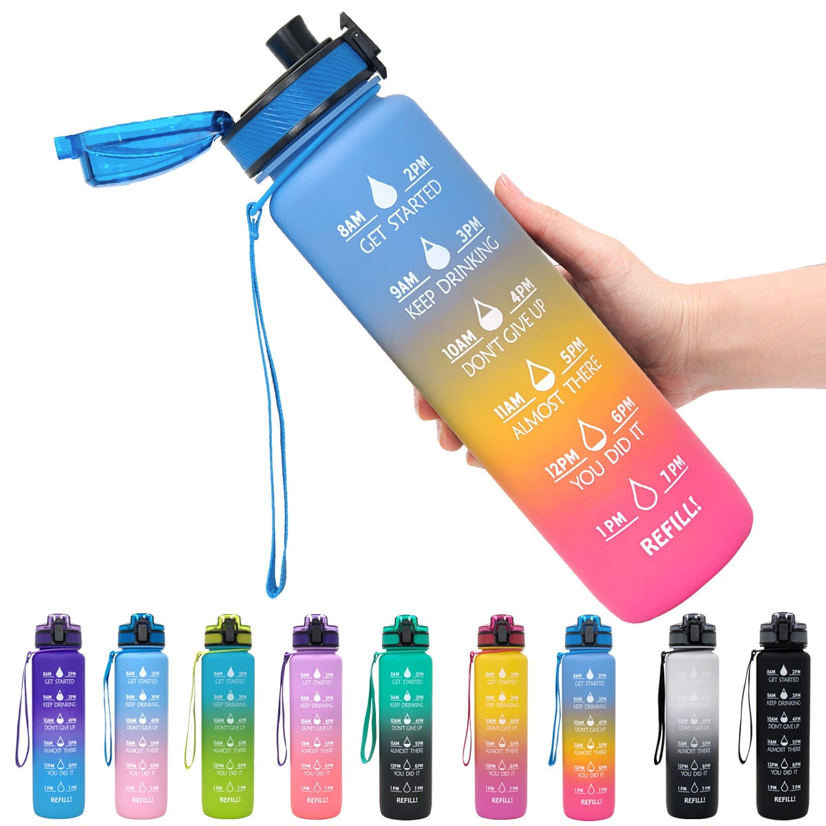 Motivational Sports Water Bottle with Fruit Infuser Time Markers and Flip-Top Lid 32 Oz