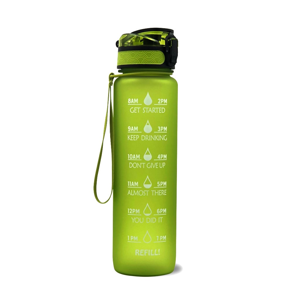 Motivational Sports Water Bottle with Fruit Infuser Time Markers and Flip-Top Lid 32 Oz