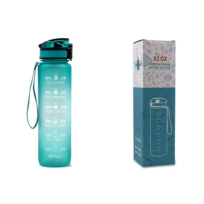 Motivational Sports Water Bottle with Fruit Infuser Time Markers and Flip-Top Lid 32 Oz