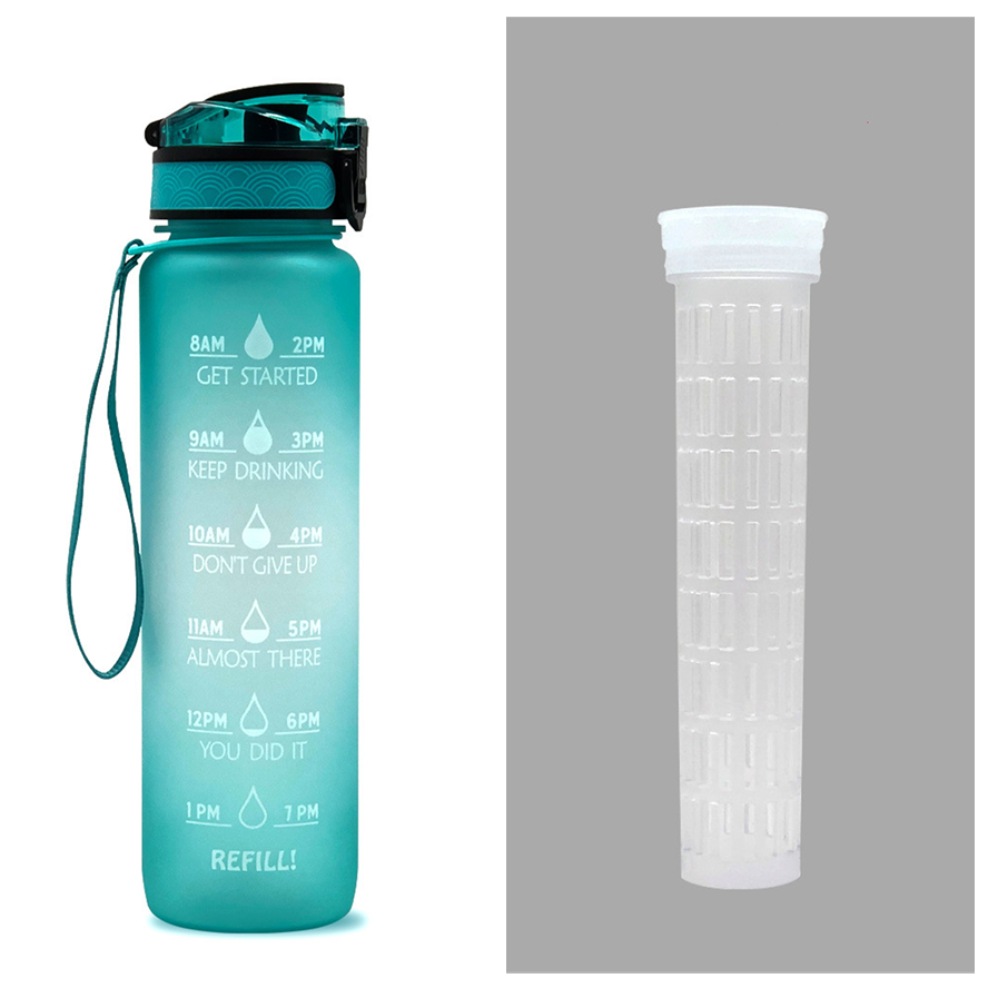 Motivational Sports Water Bottle with Fruit Infuser Time Markers and Flip-Top Lid 32 Oz