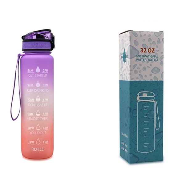 Motivational Sports Water Bottle with Fruit Infuser Time Markers and Flip-Top Lid 32 Oz