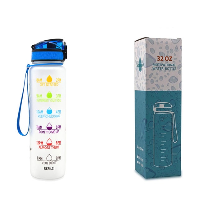 Motivational Sports Water Bottle with Fruit Infuser Time Markers and Flip-Top Lid 32 Oz