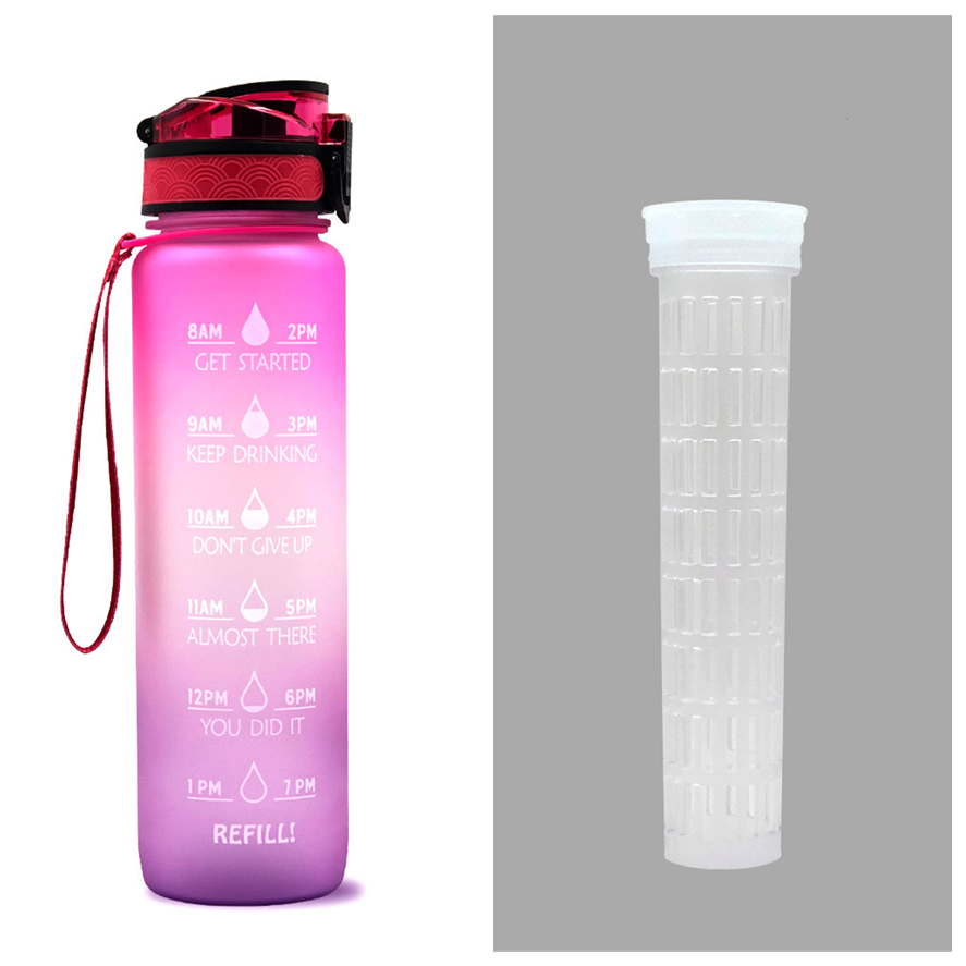 Motivational Sports Water Bottle with Fruit Infuser Time Markers and Flip-Top Lid 32 Oz