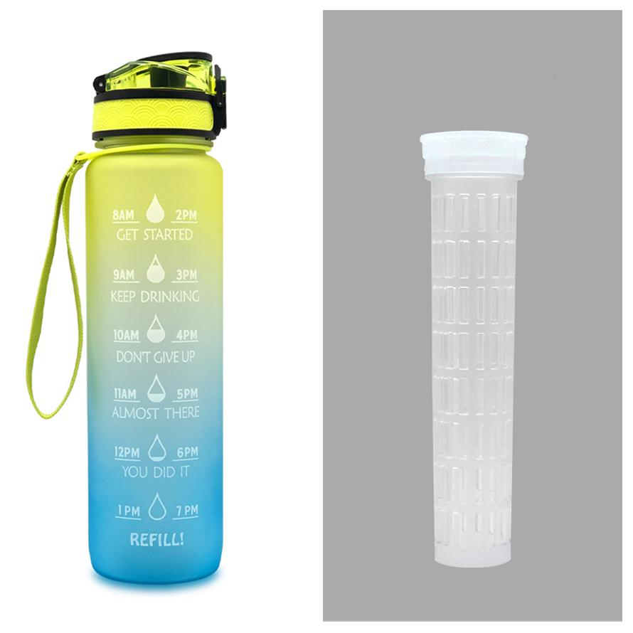 Motivational Sports Water Bottle with Fruit Infuser Time Markers and Flip-Top Lid 32 Oz