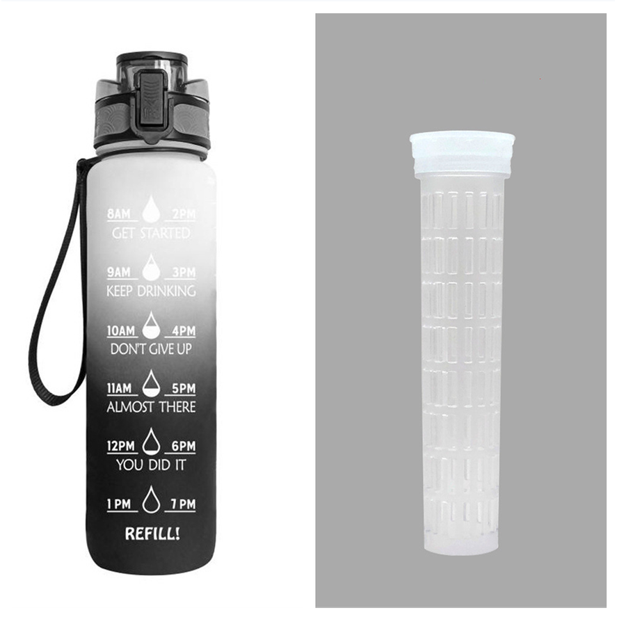 Motivational Sports Water Bottle with Fruit Infuser Time Markers and Flip-Top Lid 32 Oz