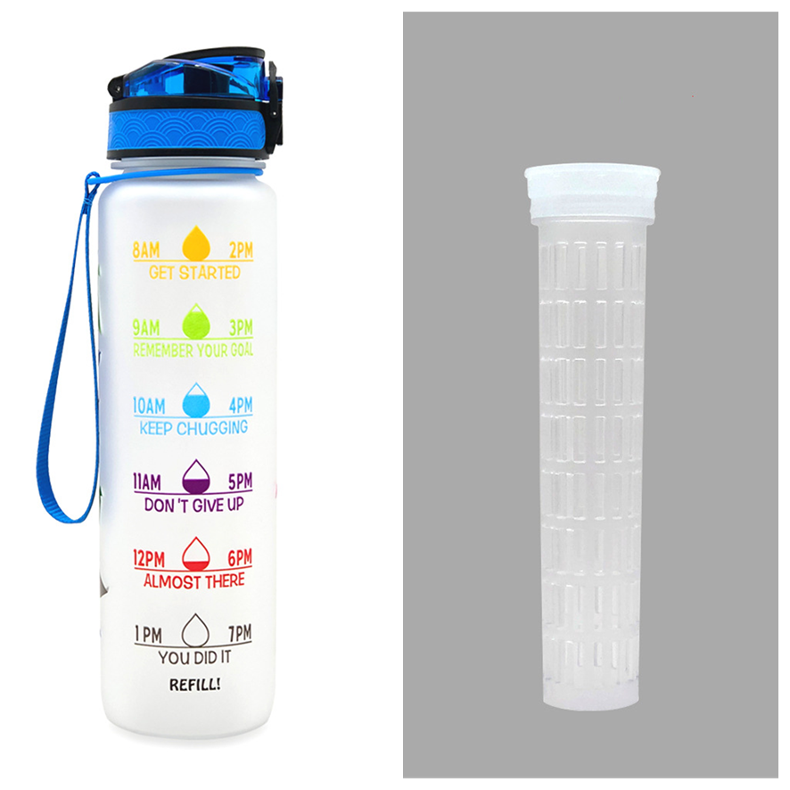 Motivational Sports Water Bottle with Fruit Infuser Time Markers and Flip-Top Lid 32 Oz