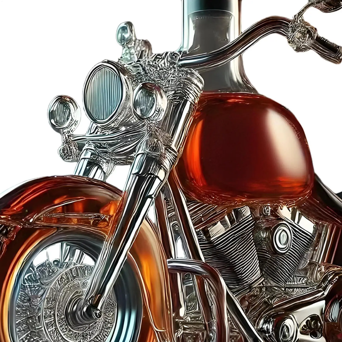 Motorcycle Glass Whiskey Decanter with Black Cap and Molded Engine Details Custom