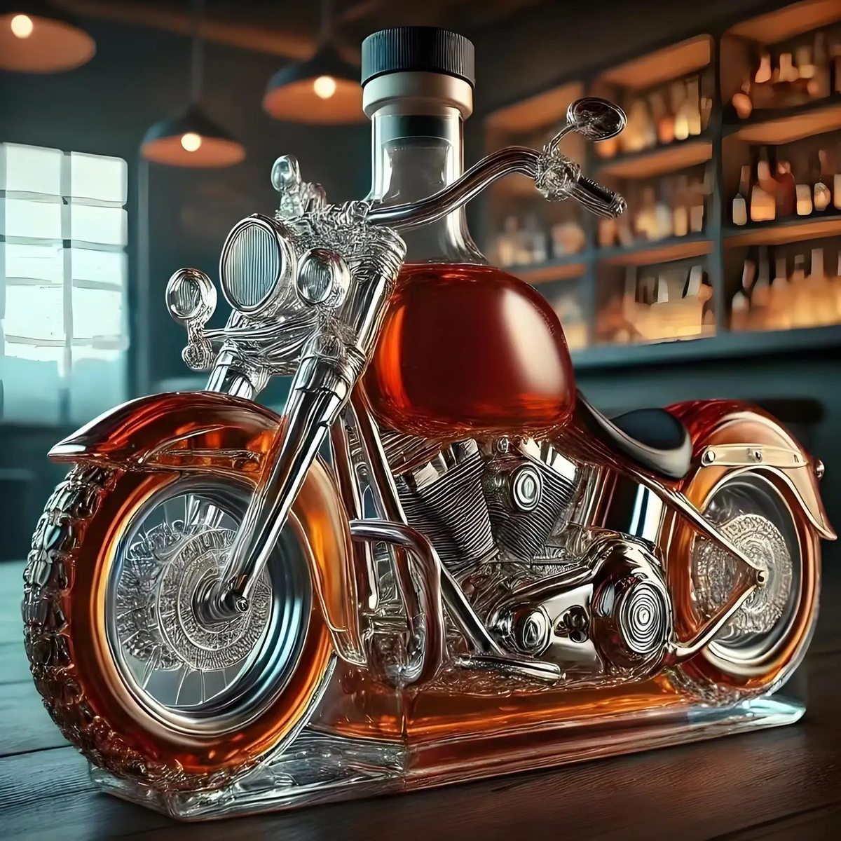 Motorcycle Whiskey Decanter Set with Glass Cruiser Design and Molded Engine Details