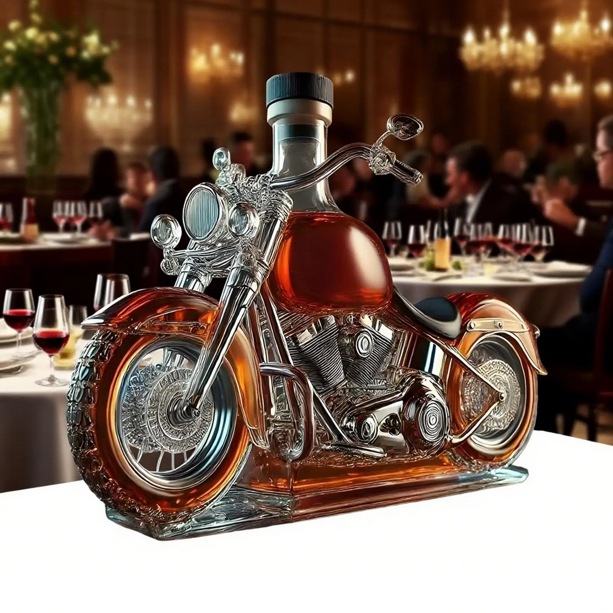 Motorcycle Whiskey Decanter Set with Glass Cruiser Design and Molded Engine Details