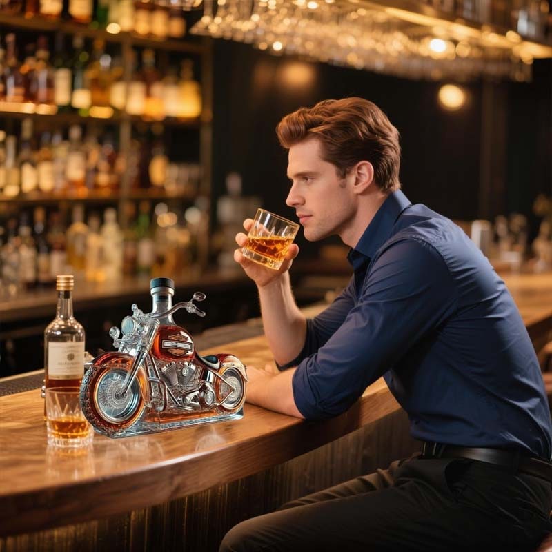 Motorcycle Whiskey Decanter Set with Glass Cruiser Design and Molded Engine Details