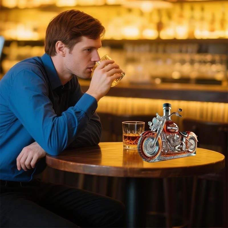 Motorcycle Whiskey Decanter Set with Glass Cruiser Design and Molded Engine Details