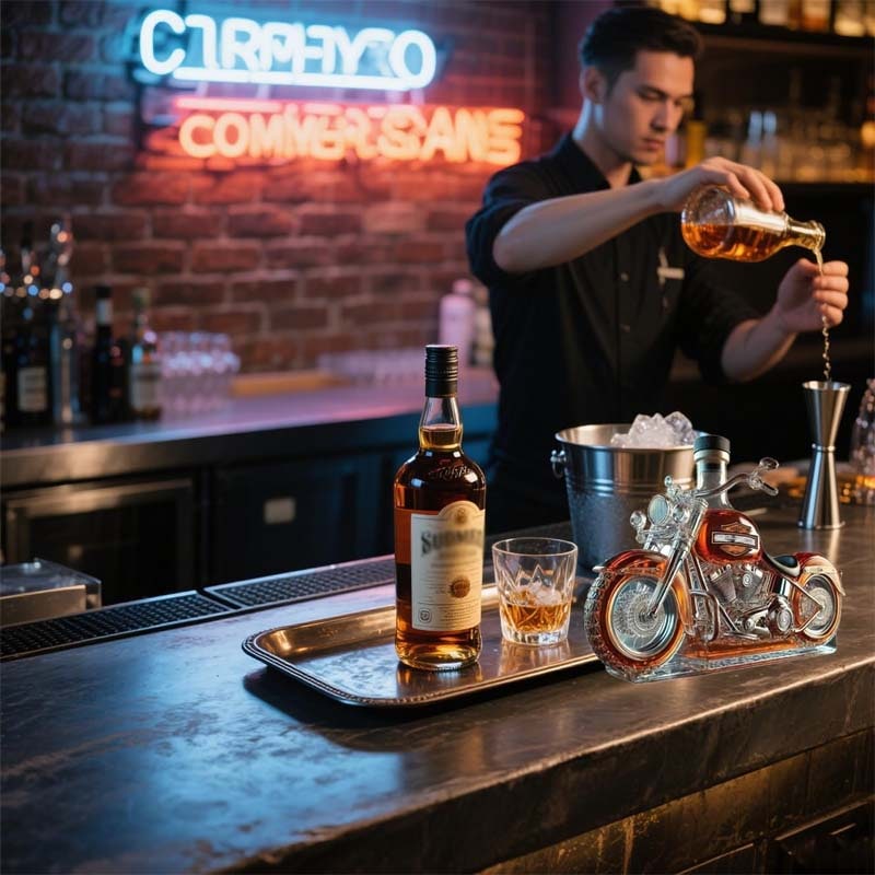 Motorcycle Whiskey Decanter Set with Glass Cruiser Design and Molded Engine Details