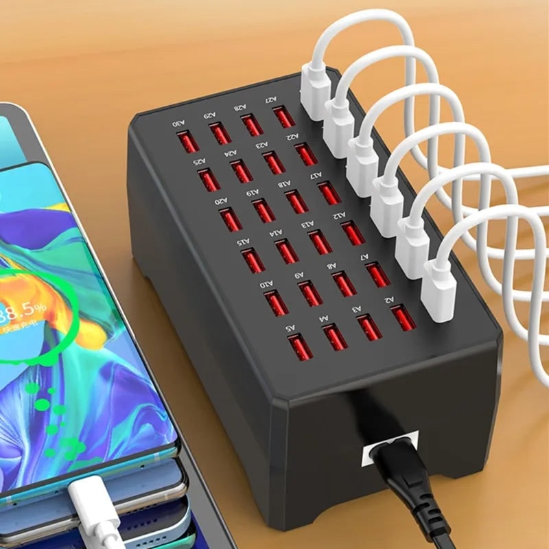 Multiple Device Charging Station USB Charger Hub 30 Port Black Rectangular Multi