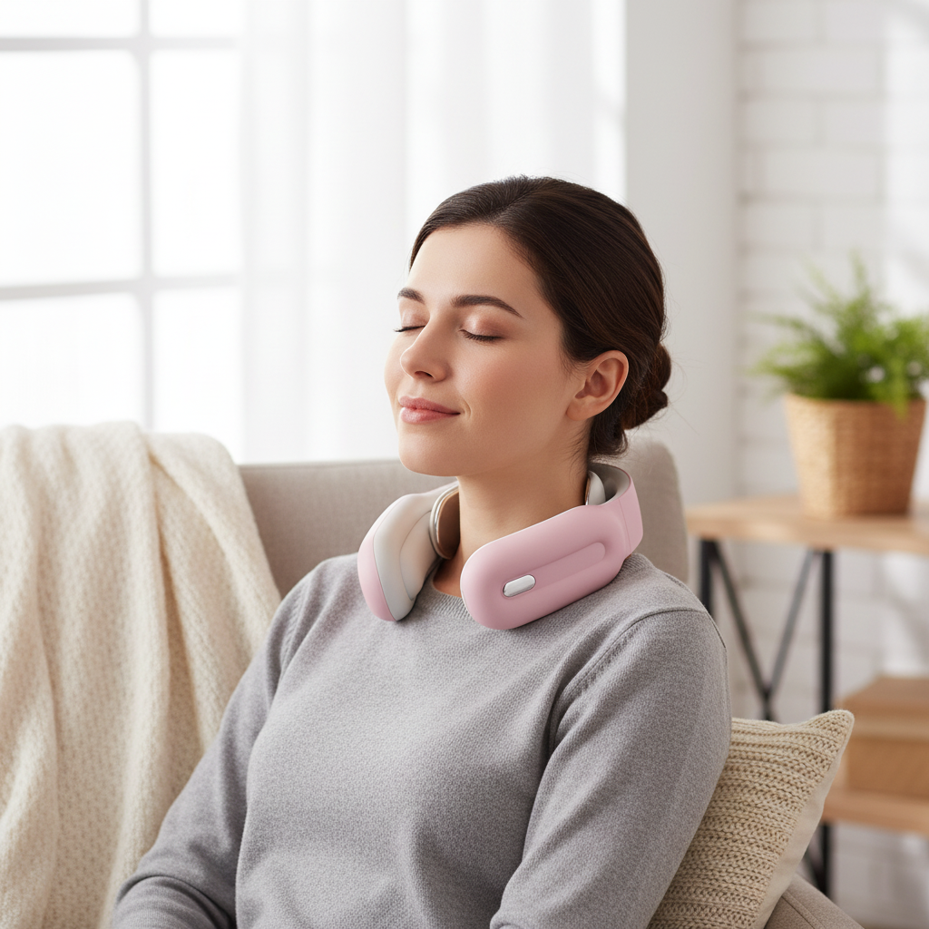 Neck Massager with Heat and Shoulder Trapezius Muscle Relief Wireless Electric Pulse Device