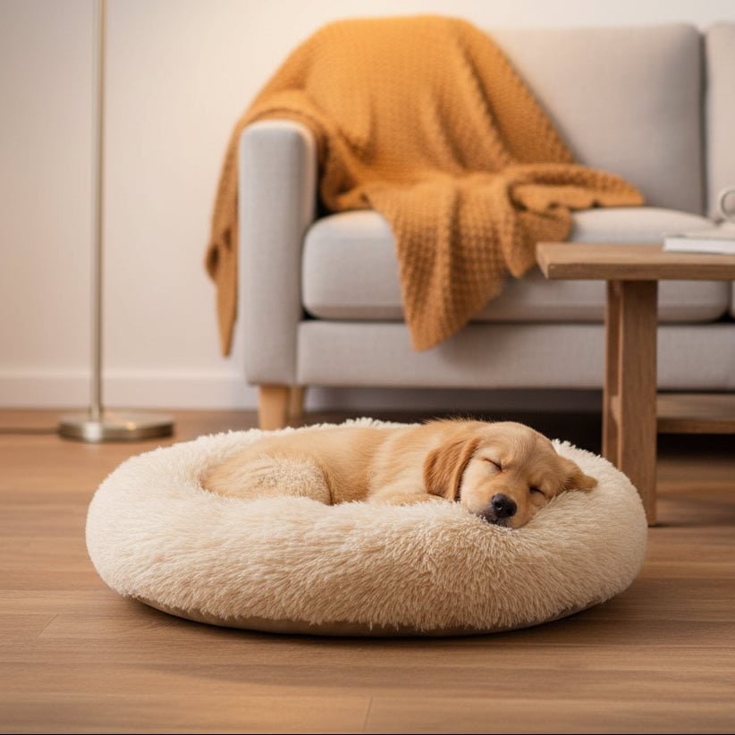 Orthopedic Donut Plush Dog Bed with Bolster and Faux Fur Shaggy Cushion