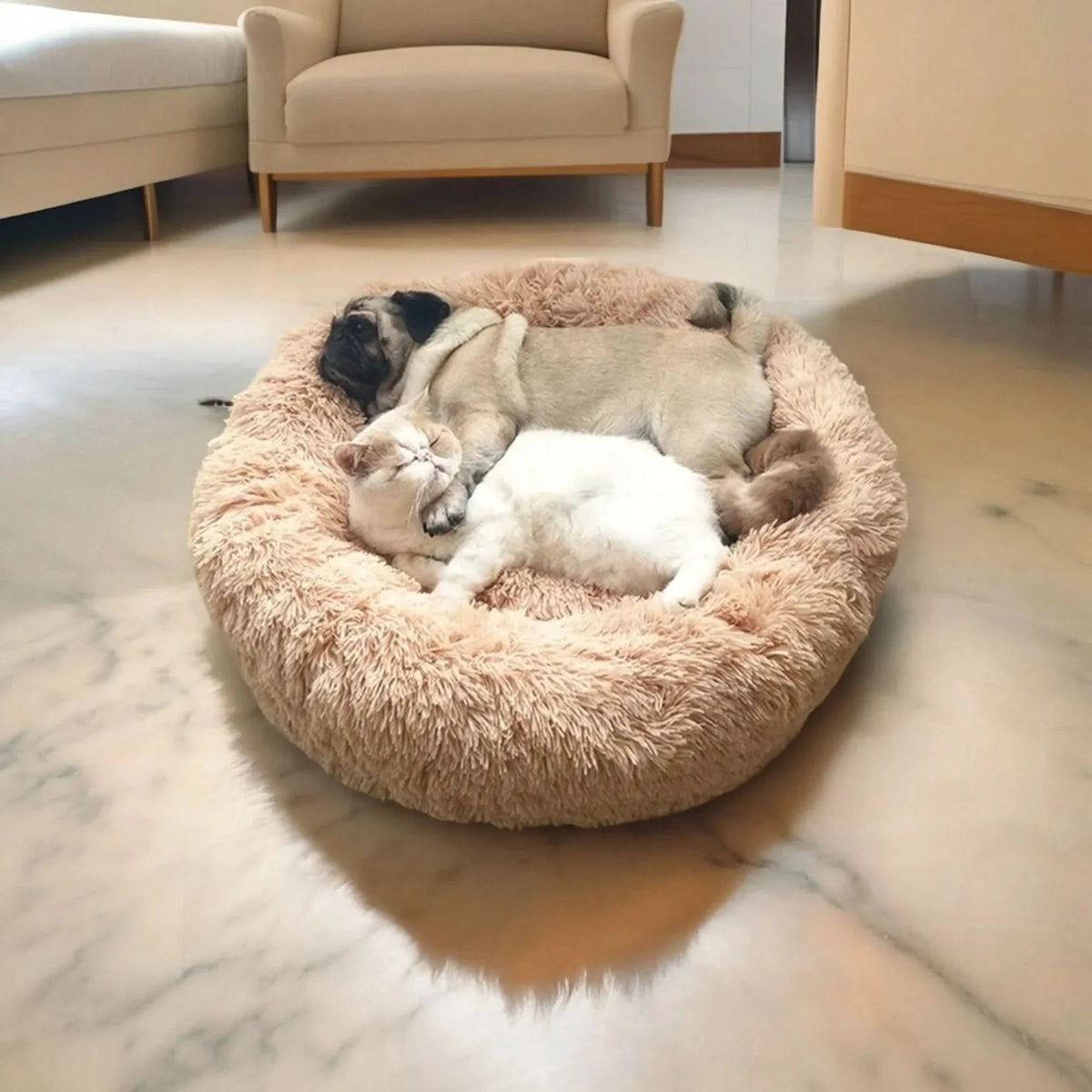 Orthopedic Donut Plush Dog Bed with Bolster and Faux Fur Shaggy Cushion
