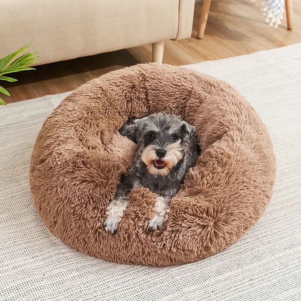 Orthopedic Donut Plush Dog Bed with Bolster and Faux Fur Shaggy Cushion