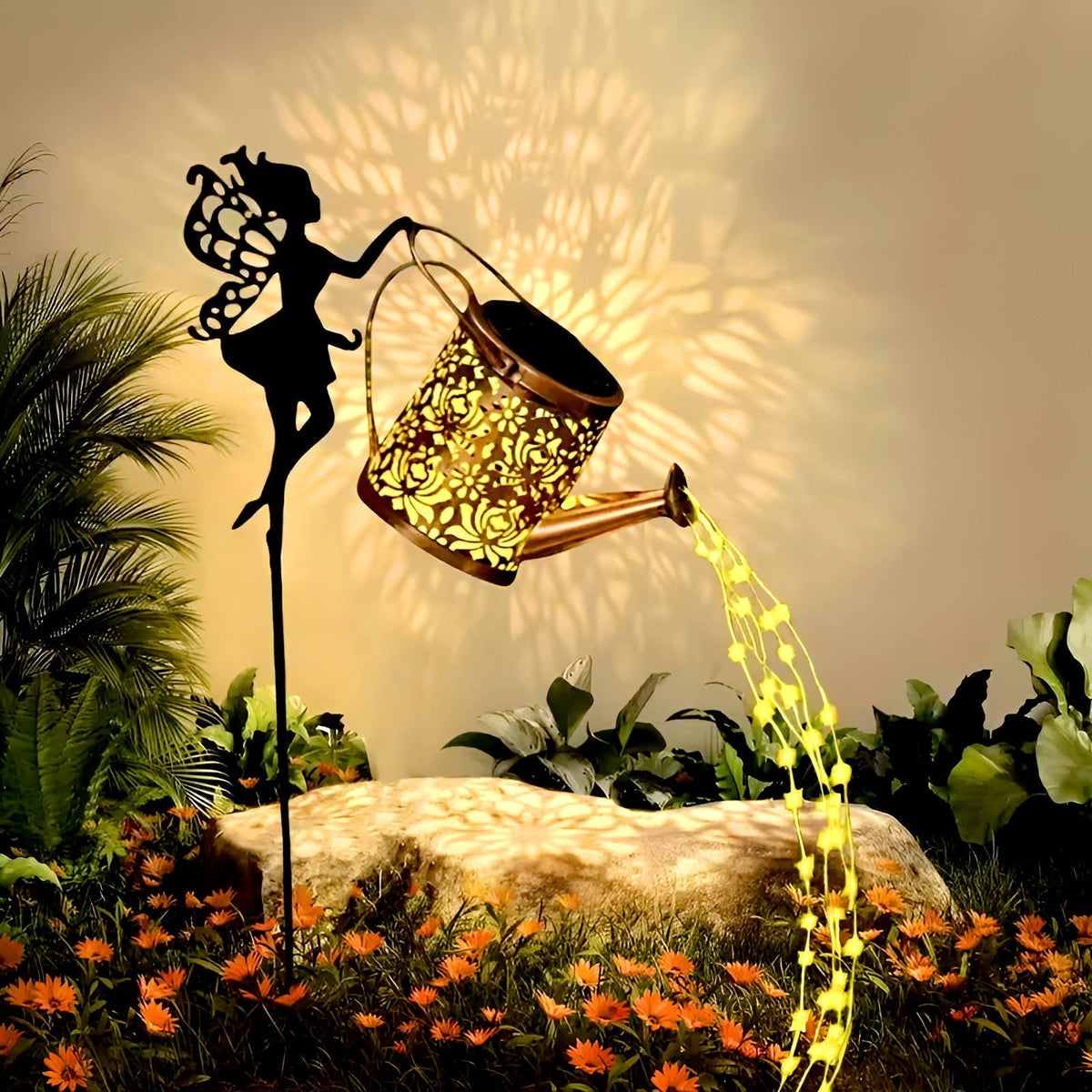 Outdoor Solar Garden Light with Metal Watering Can and Cascading LED String Copper
