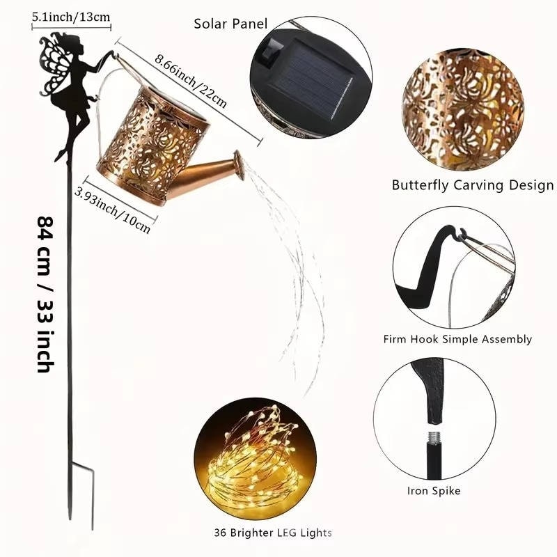 Outdoor Solar Garden Light with Metal Watering Can and Cascading LED String Copper