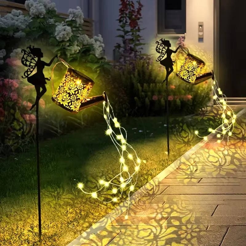 Outdoor Solar Garden Light with Metal Watering Can and Cascading LED String Copper