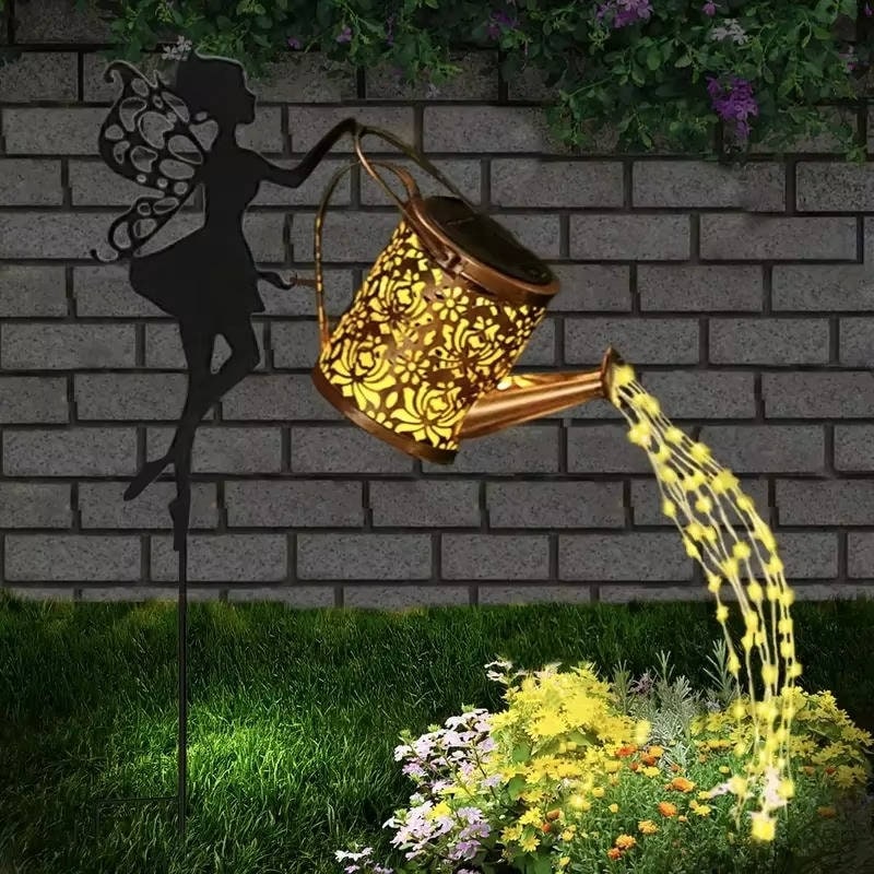 Outdoor Solar Garden Light with Metal Watering Can and Cascading LED String Copper