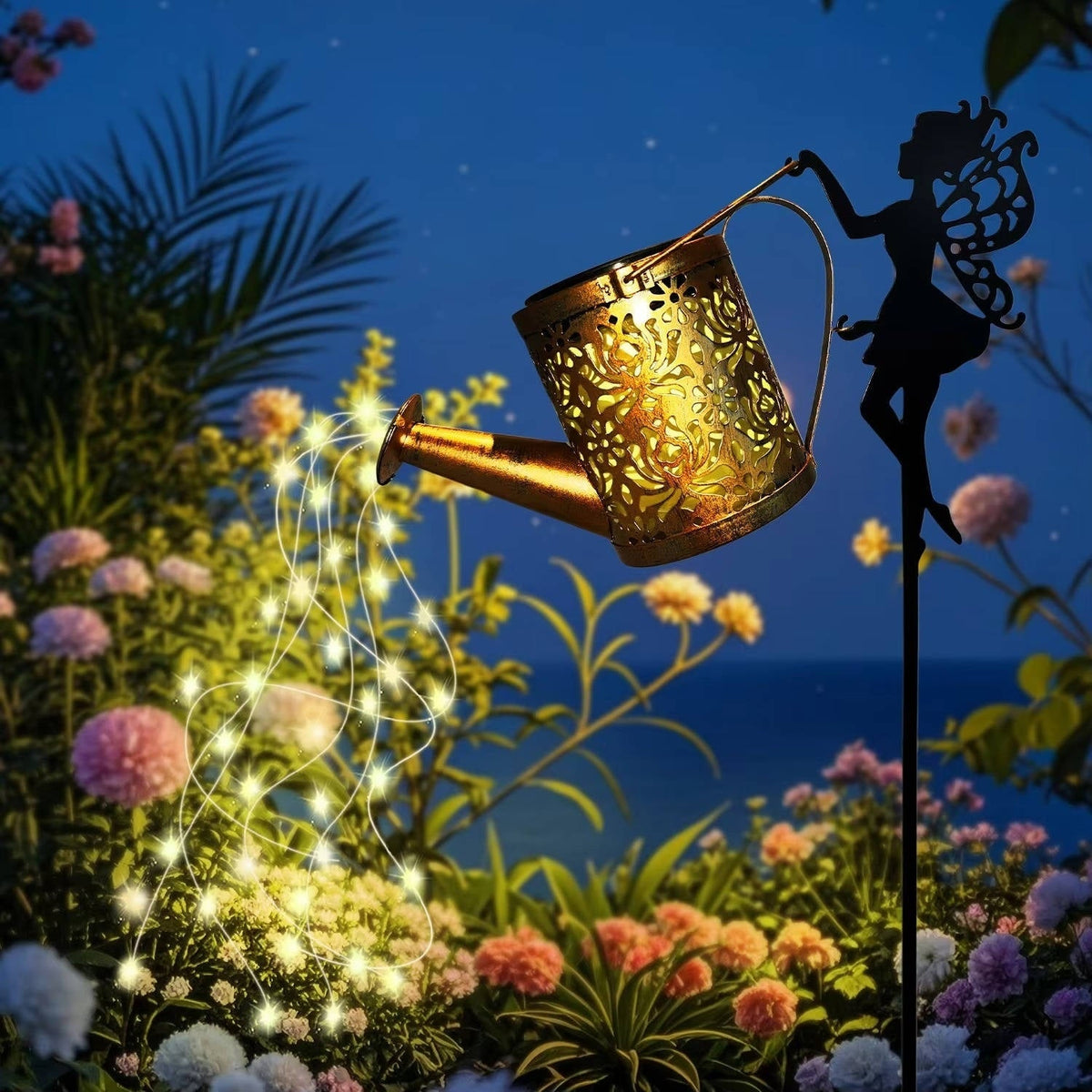 Outdoor Solar Garden Light with Metal Watering Can and Cascading LED String Copper