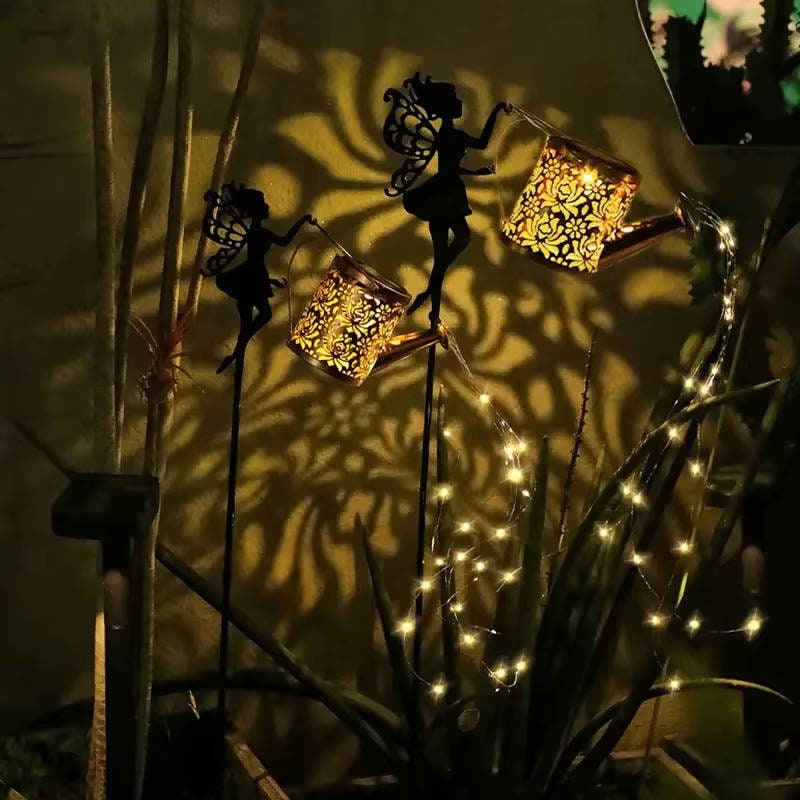 Outdoor Solar Garden Light with Metal Watering Can and Cascading LED String Copper