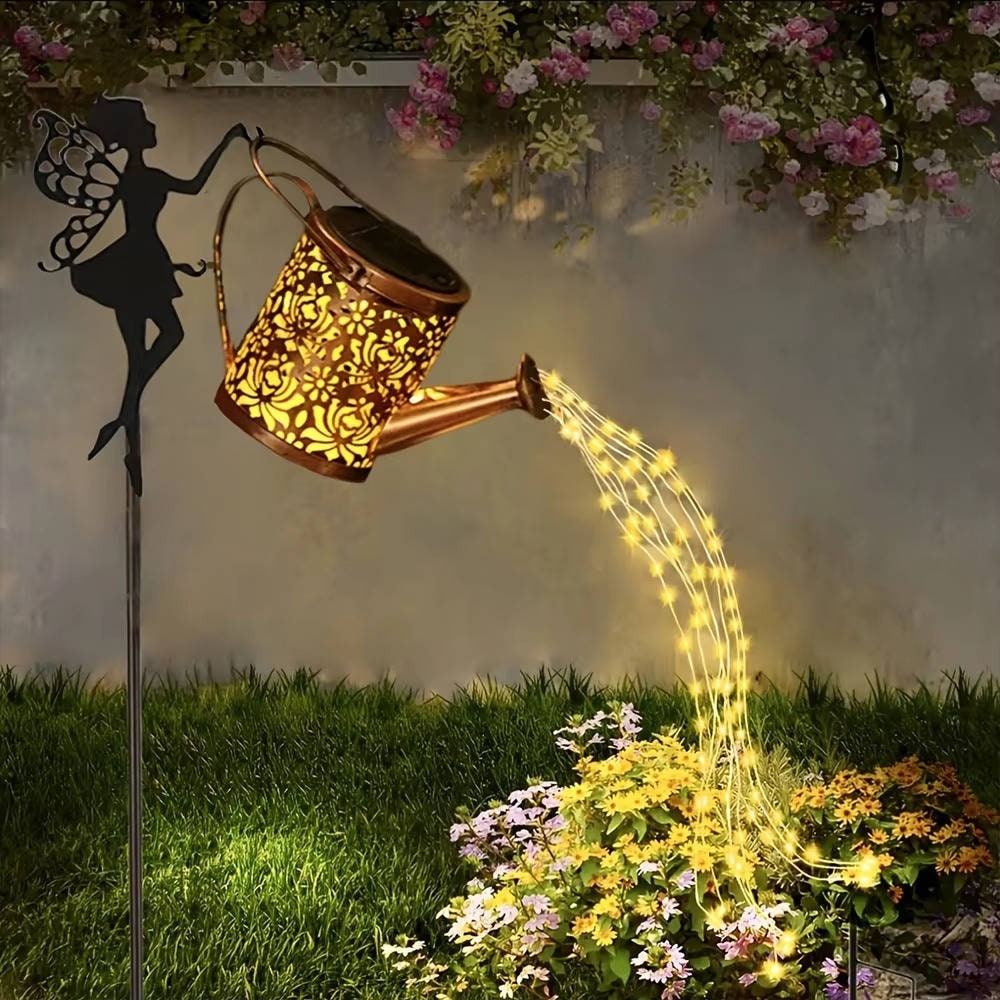 Outdoor Solar Garden Light with Metal Watering Can and Cascading LED String Copper