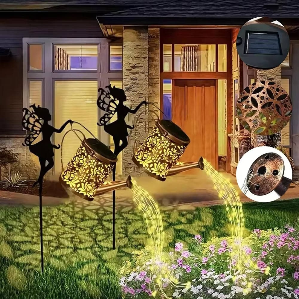 Outdoor Solar Garden Light with Metal Watering Can and Cascading LED String Copper