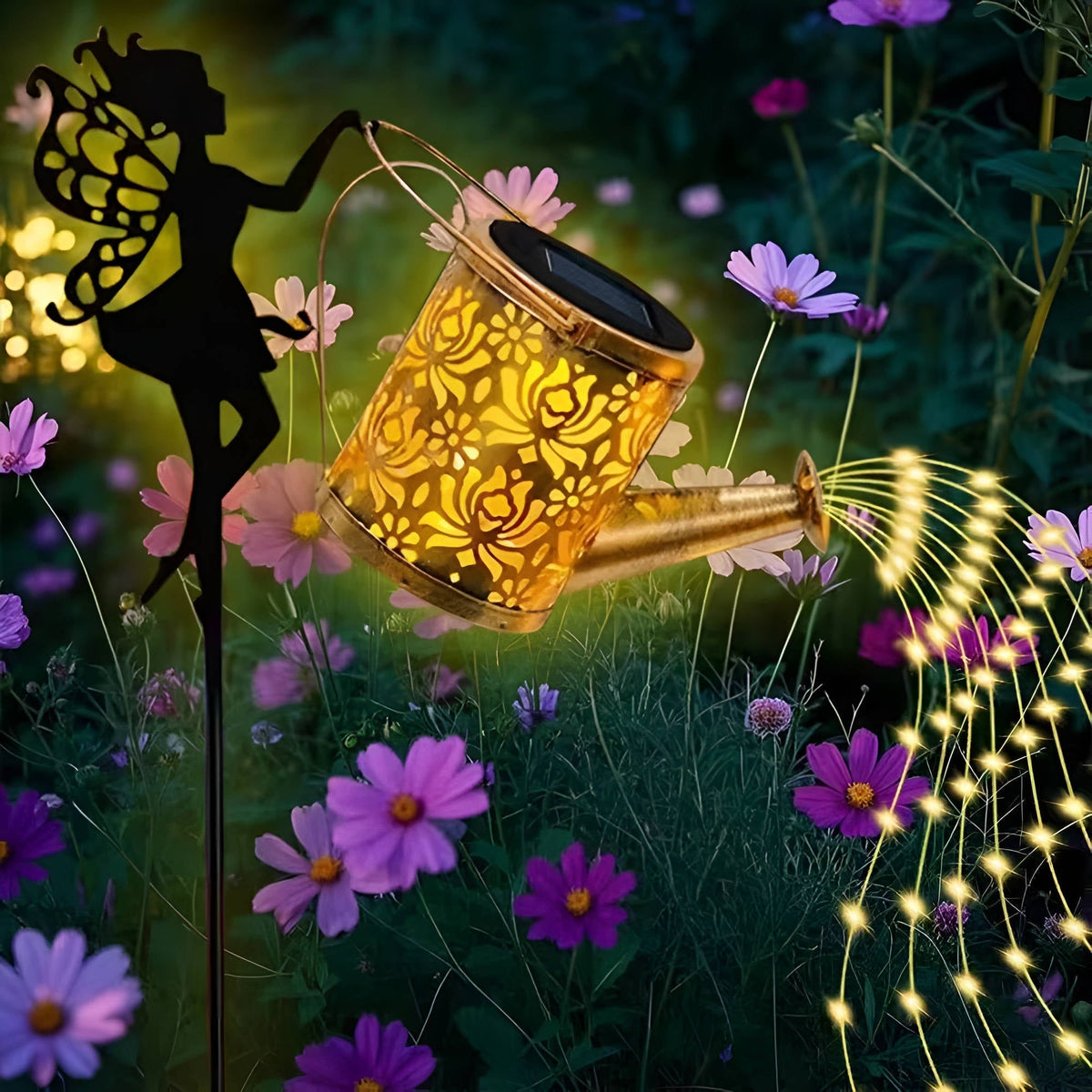 Outdoor Solar Garden Light with Metal Watering Can and Cascading LED String Copper